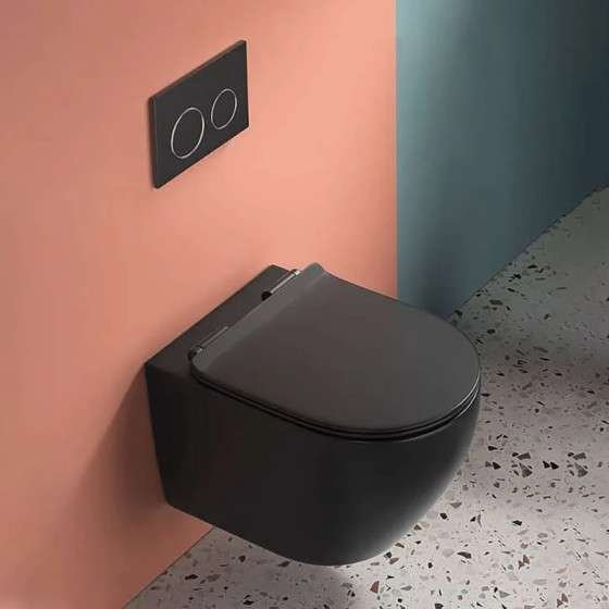 WC suspendu noir sans bride avec bâti mural | 3/6 L Soft-close