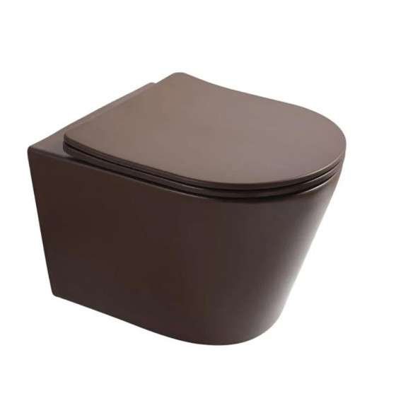 WC suspendu marron sans bride avec bâti mural | Soft-close