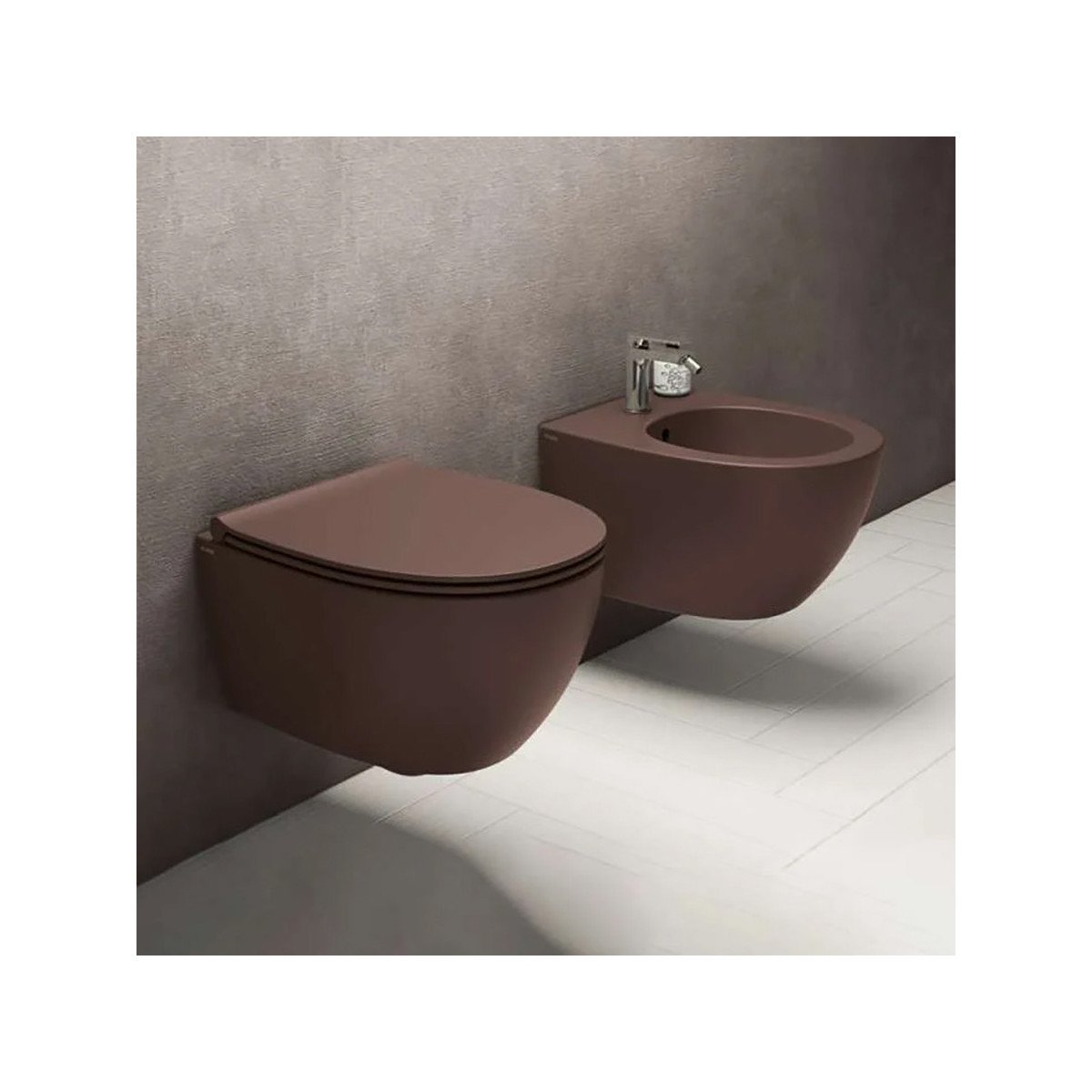 WC suspendu marron sans bride avec bâti mural | Soft-close