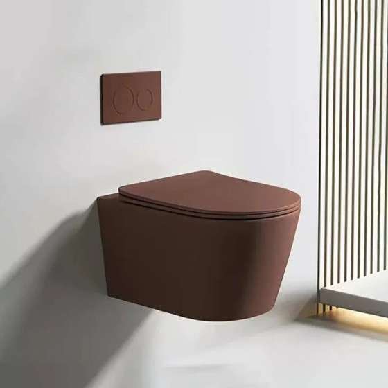 WC suspendu marron sans bride avec bâti mural | Soft-close