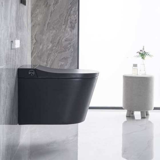 Toilette japonaise noire suspendue sans bride avec bâti