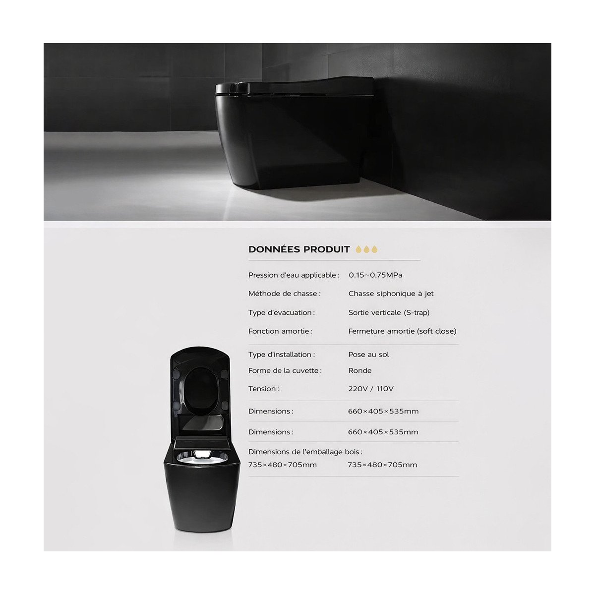 Toilette japonaise noire connectée lavante siège chauffant