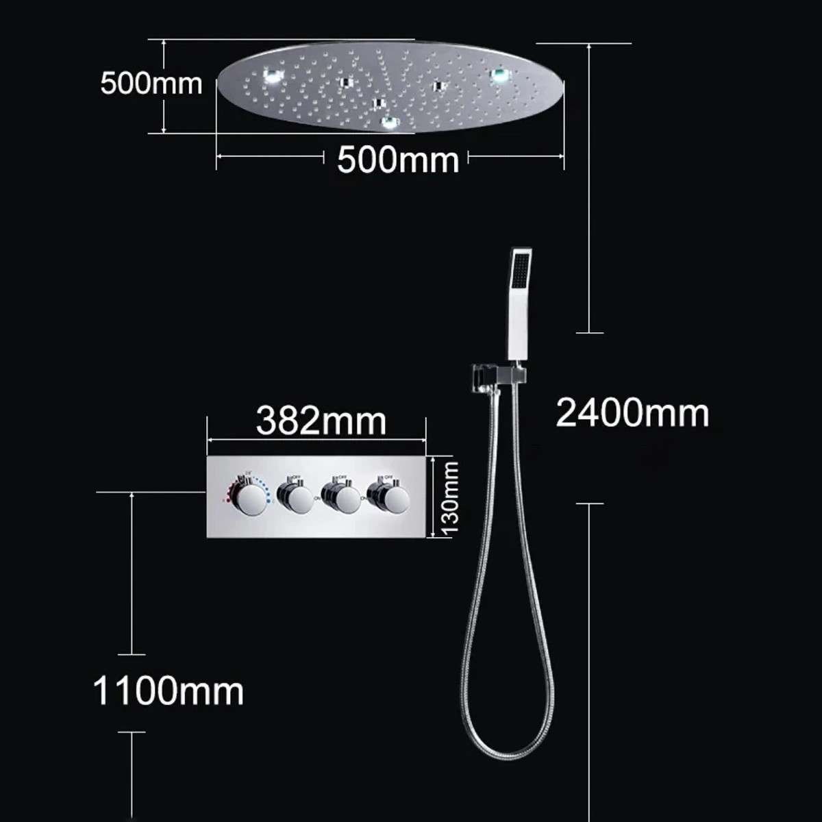 Ciel de pluie thermostatique LED Belfast – Chrome 50 cm