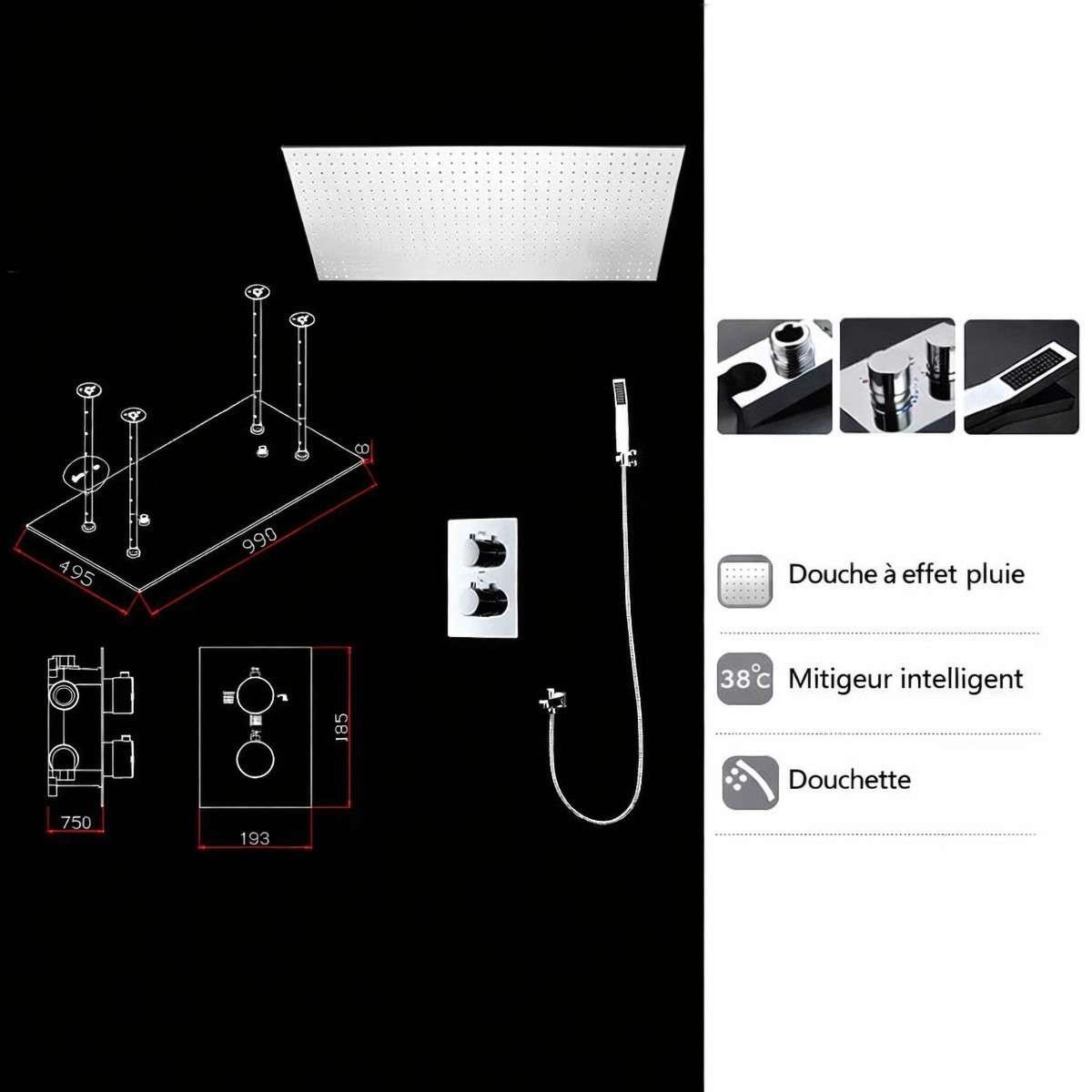 Ciel de pluie XXL LED Marbelle – Thermostatique chrome
