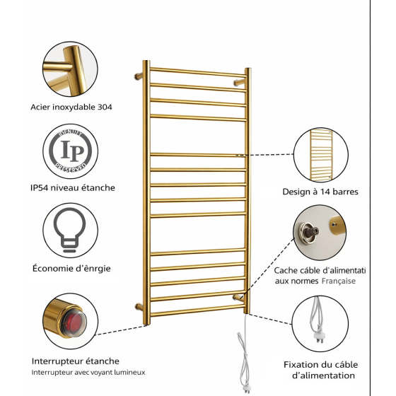 Sèche-serviettes électrique Malaga doré 350W | Design rond