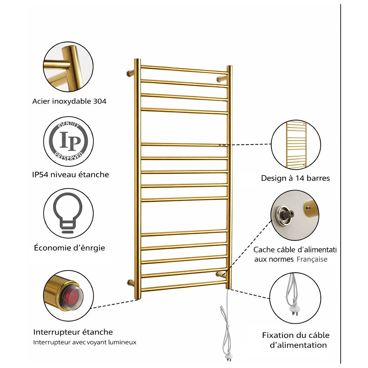 Sèche-serviettes électrique Malaga doré 350W | Design rond