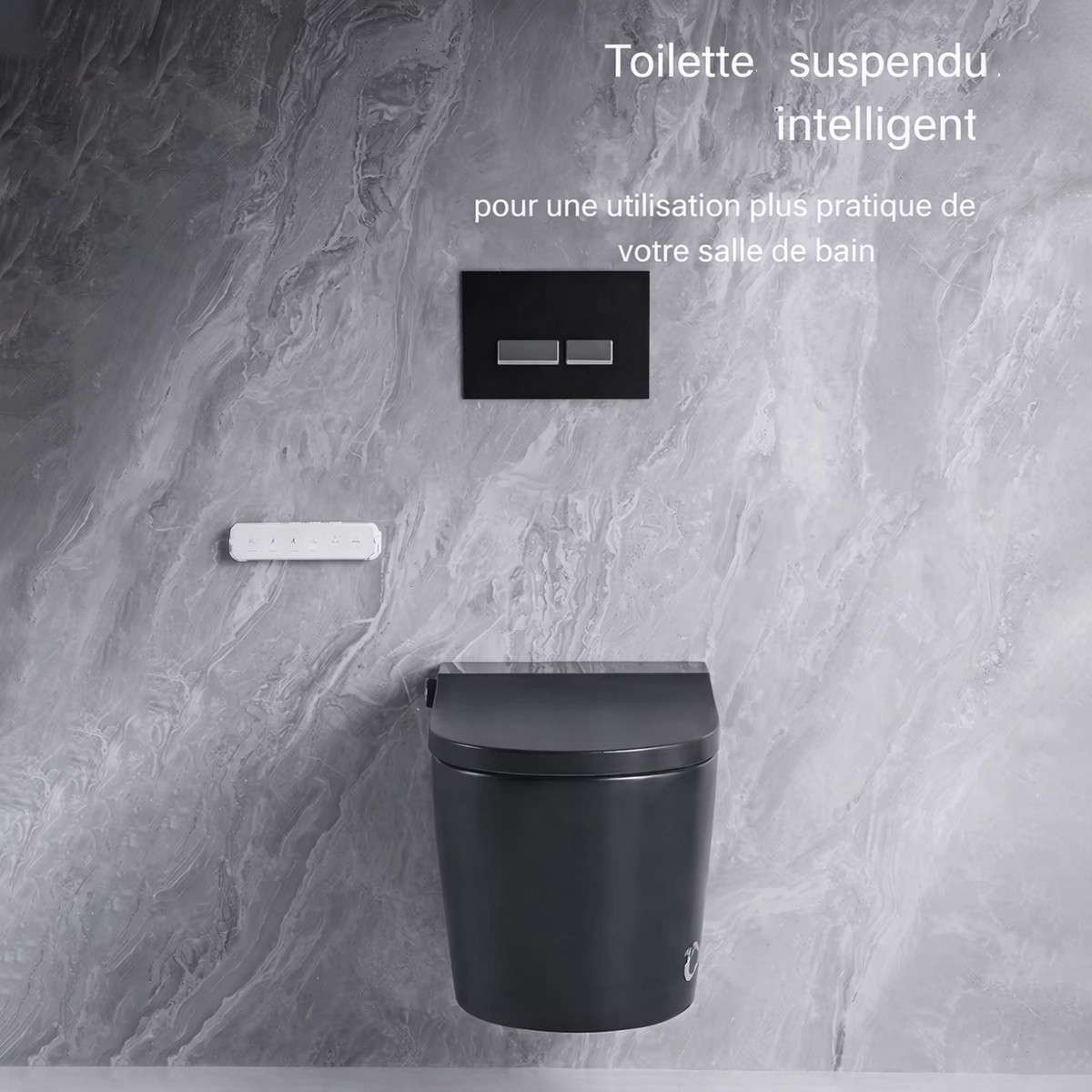 Toilette japonaise noire suspendue sans bride avec bâti