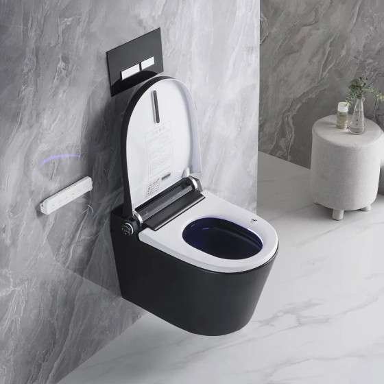 Toilette japonaise noire suspendue sans bride avec bâti