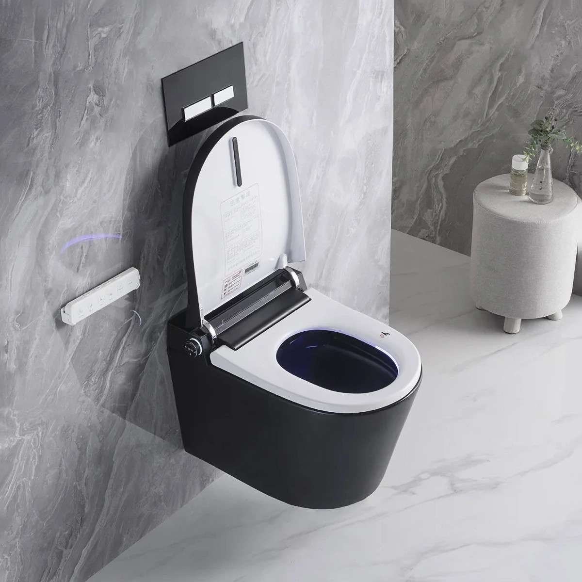 Toilette japonaise noire suspendue sans bride avec bâti