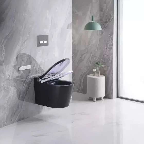 Toilette japonaise noire suspendue sans bride avec bâti