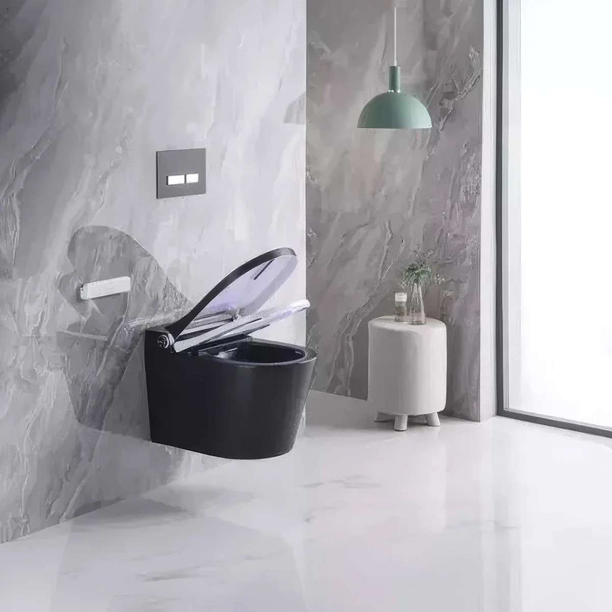 Toilette japonaise noire suspendue sans bride avec bâti