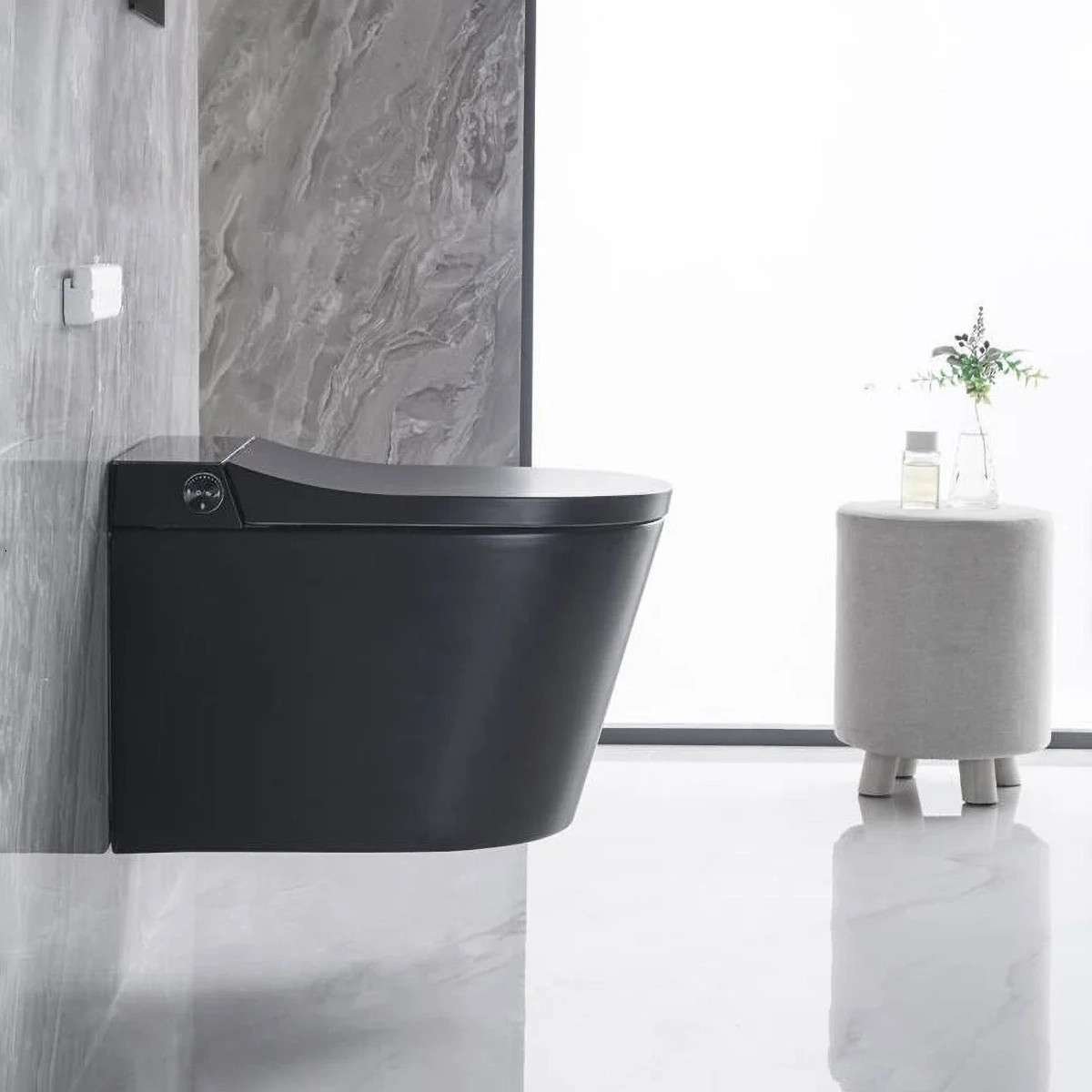 Toilette japonaise noire suspendue sans bride avec bâti