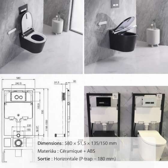 Toilette japonaise noire suspendue sans bride avec bâti