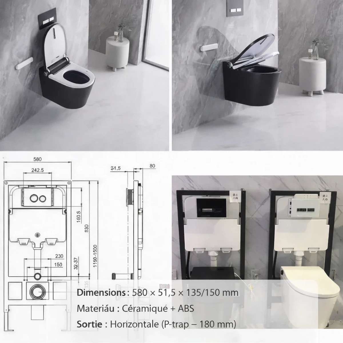 Toilette japonaise noire suspendue sans bride avec bâti