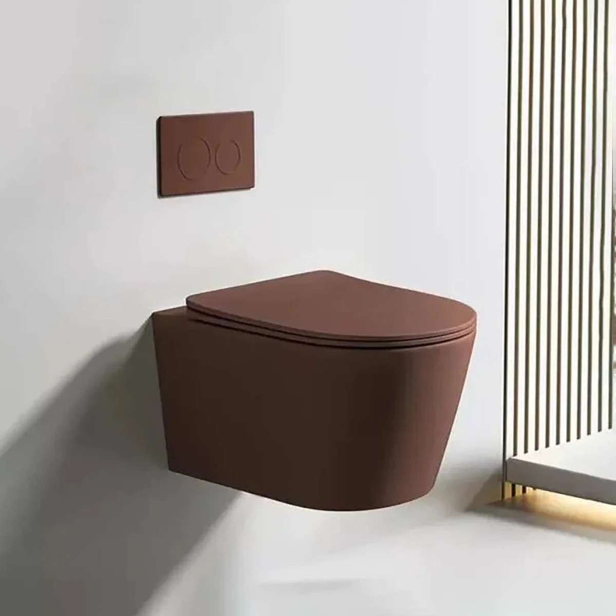 WC suspendu marron sans bride avec bâti mural | Soft-close