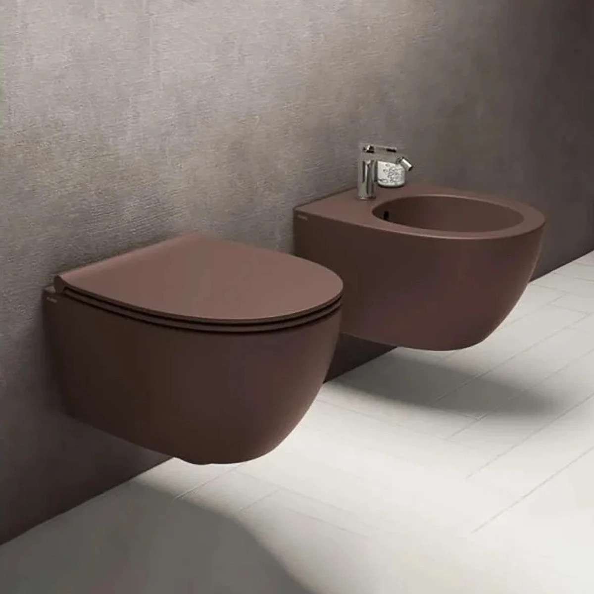 WC suspendu marron sans bride avec bâti mural | Soft-close