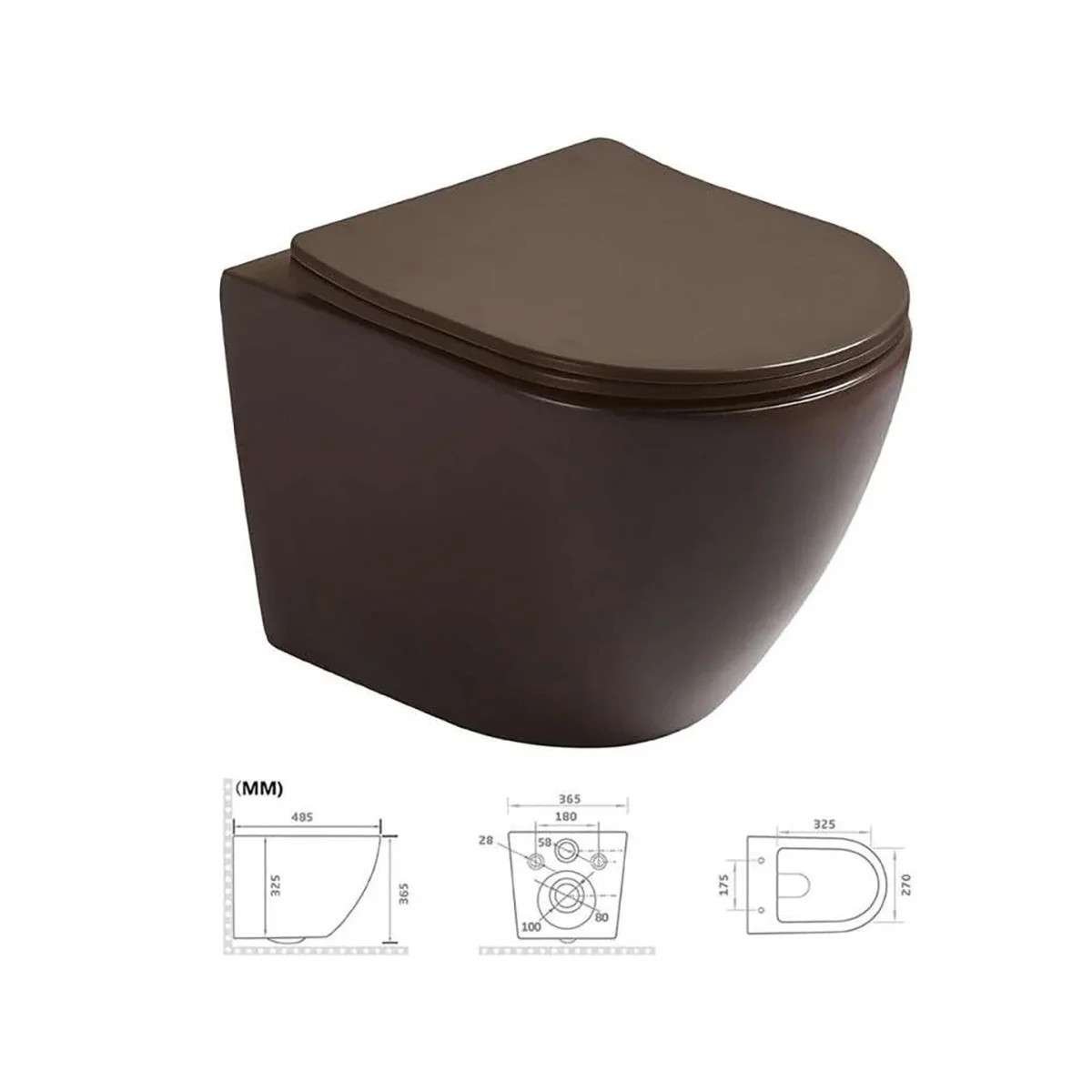 WC suspendu marron sans bride avec bâti mural | Soft-close