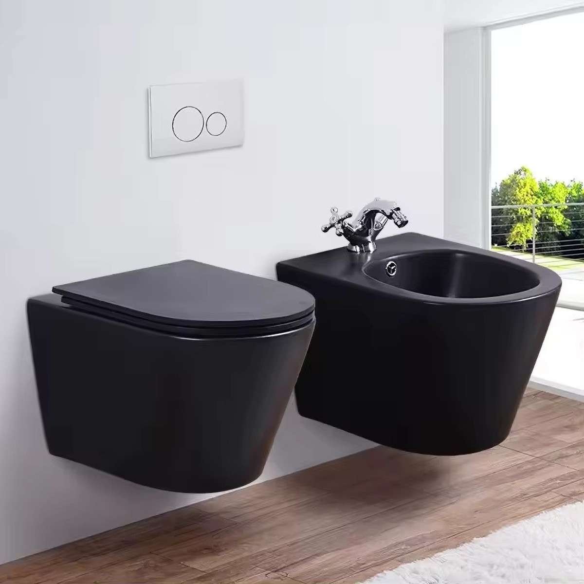 WC suspendu noir sans bride avec bâti mural | 3/6 L Soft-close