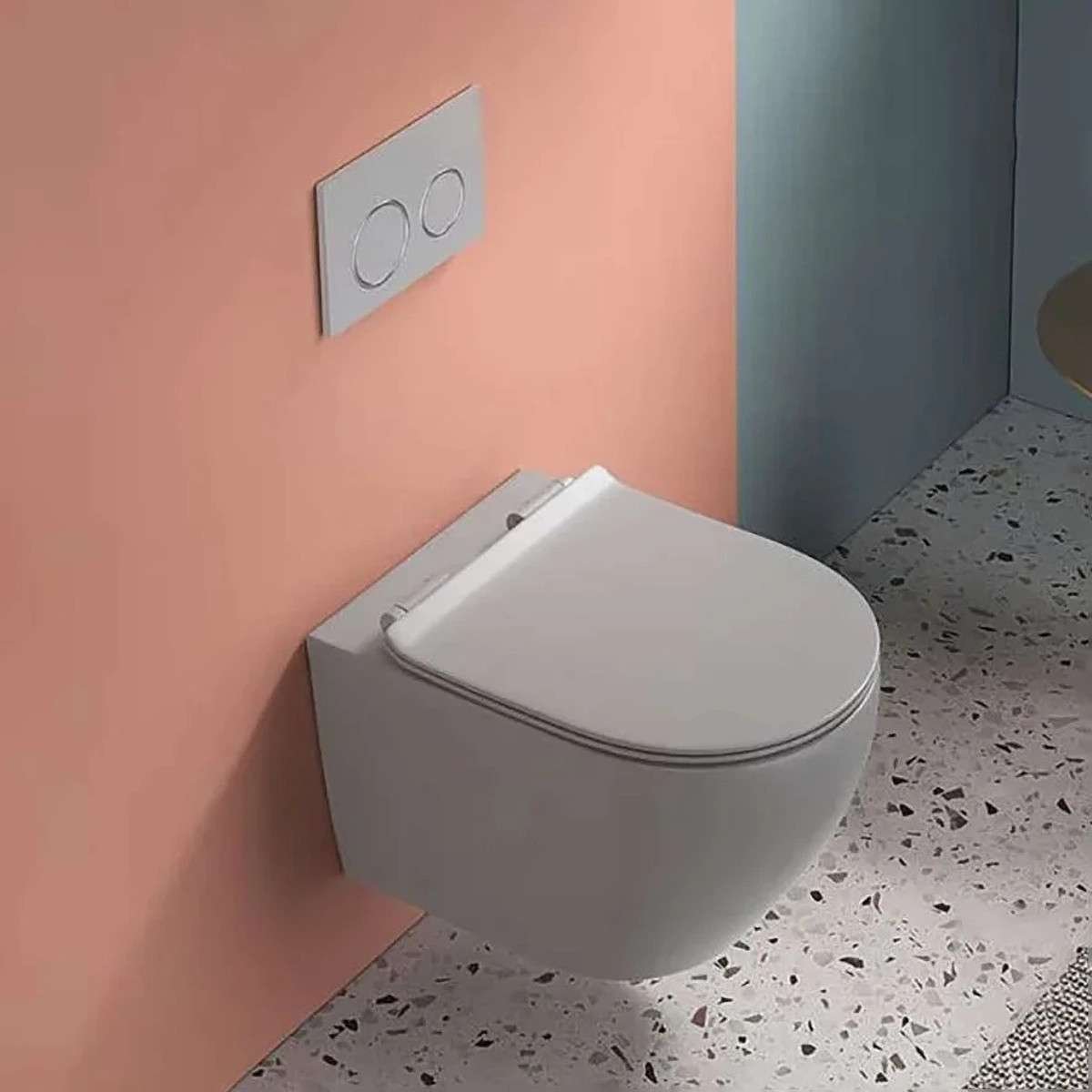 WC suspendu gris sans bride avec bâti mural | Soft-close