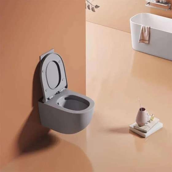 WC suspendu gris sans bride avec bâti mural | Soft-close