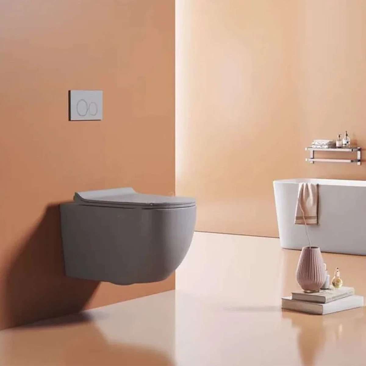 WC suspendu gris sans bride avec bâti mural | Soft-close