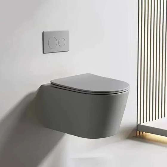 WC suspendu gris sans bride avec bâti mural | Soft-close