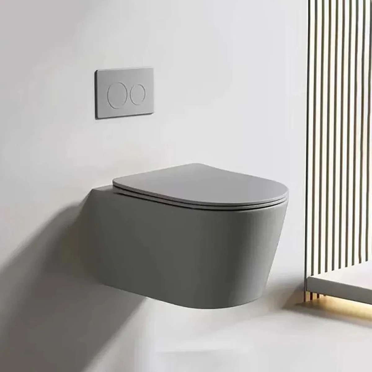 WC suspendu gris sans bride avec bâti mural | Soft-close