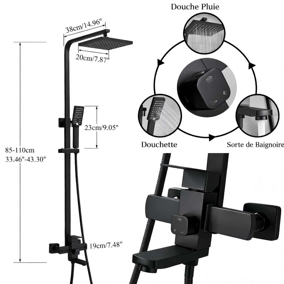 Colonne de douche noire mat Tipaza – Élégance & confort