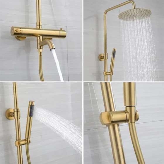 Colonne bain-douche thermostatique dorée Ebar – Réglable 75–112 cm