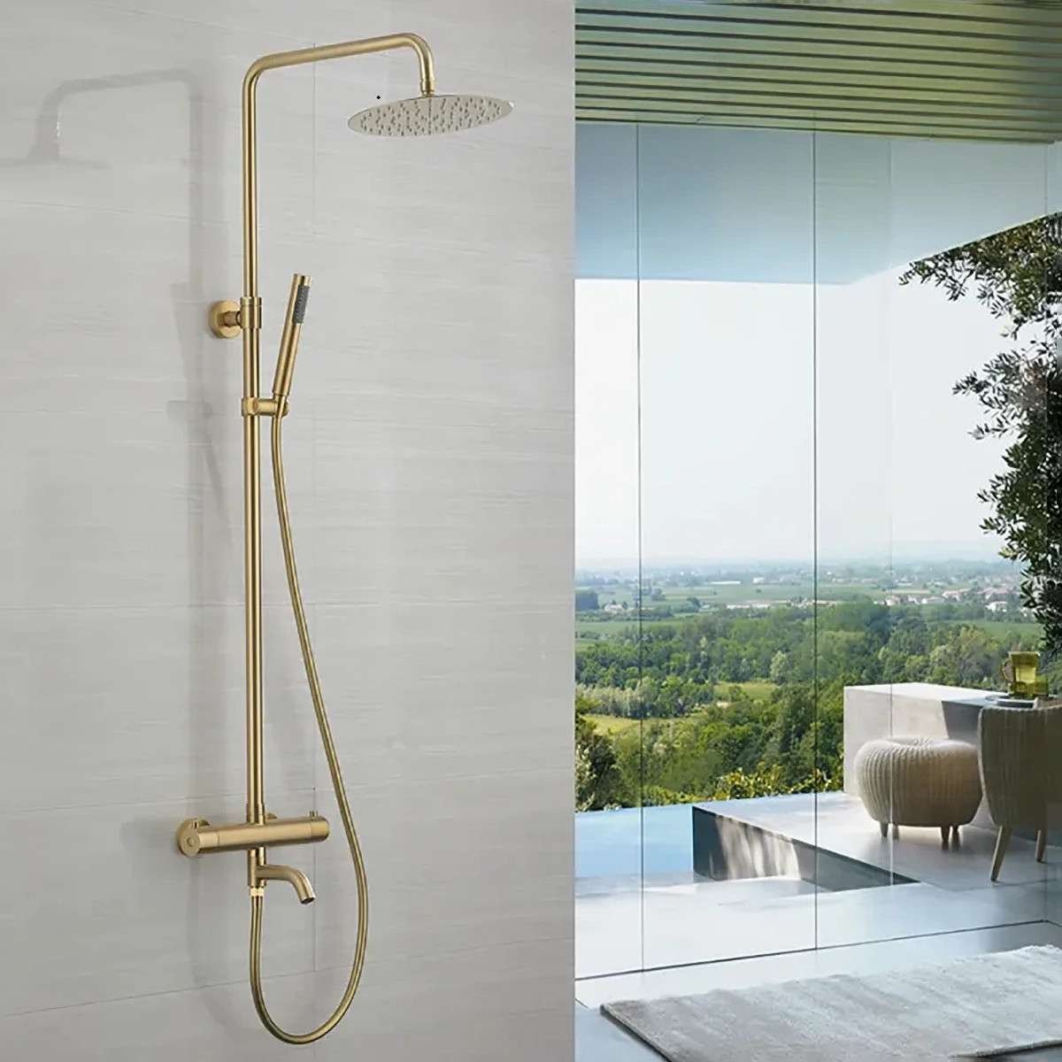 Colonne bain-douche thermostatique dorée Ebar – Réglable 75–112 cm