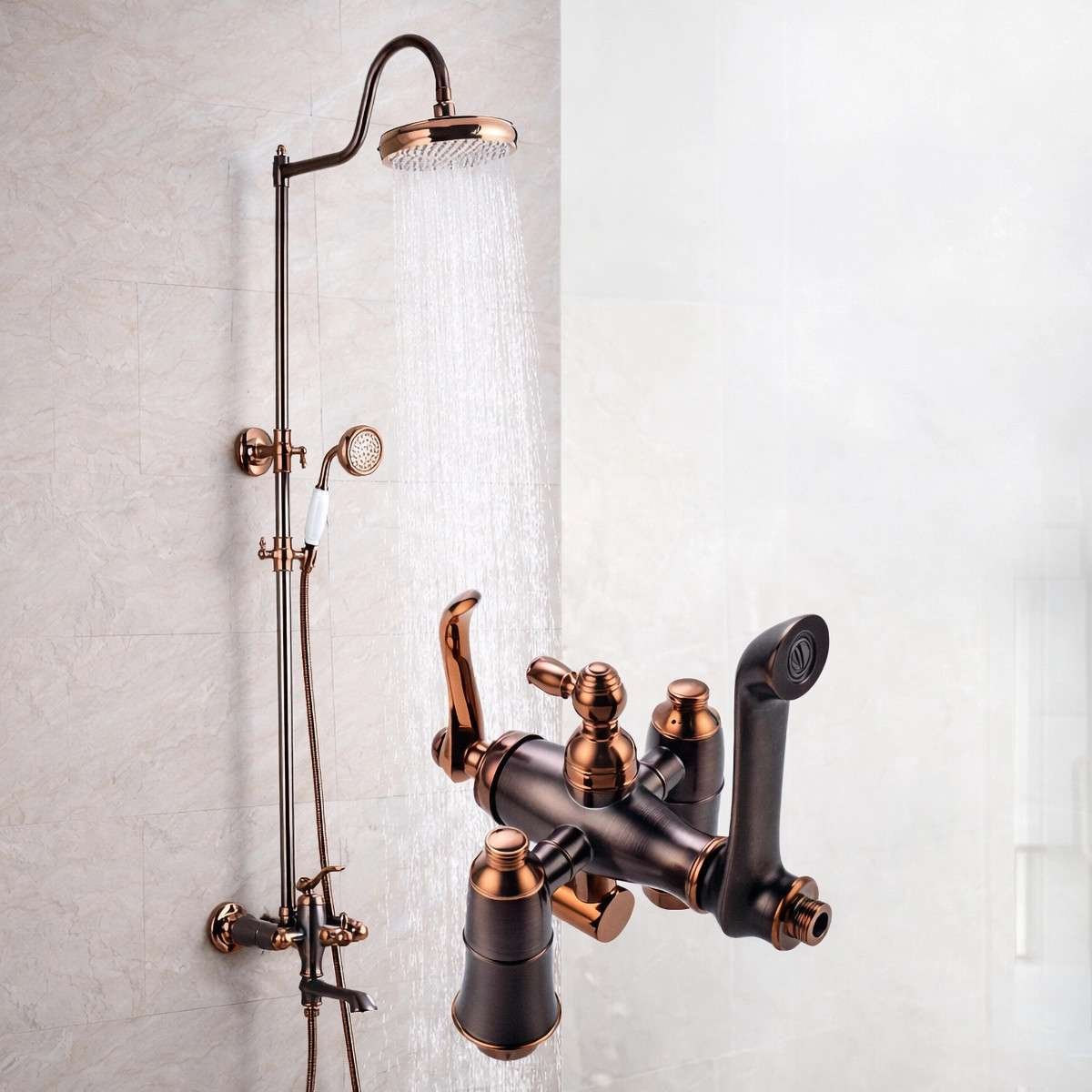 Colonne bain-douche or rose – Design rétro, réglable 98–146 cm