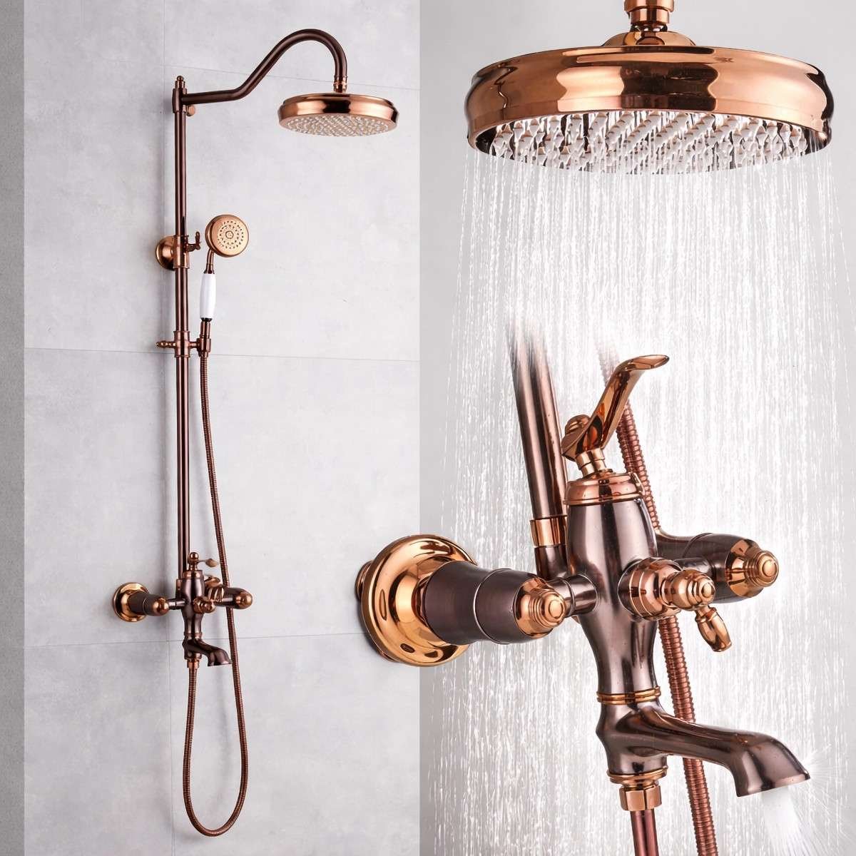 Colonne bain-douche or rose – Design rétro, réglable 98–146 cm
