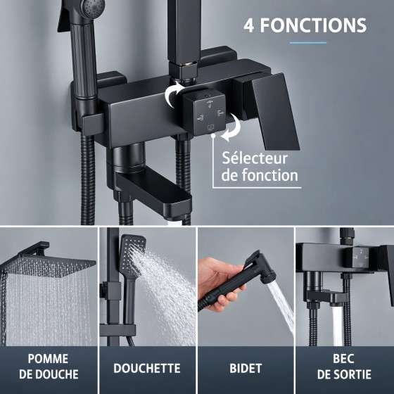 Colonne bain-douche noire Gijon – 4 fonctions, tête large 30×20 cm