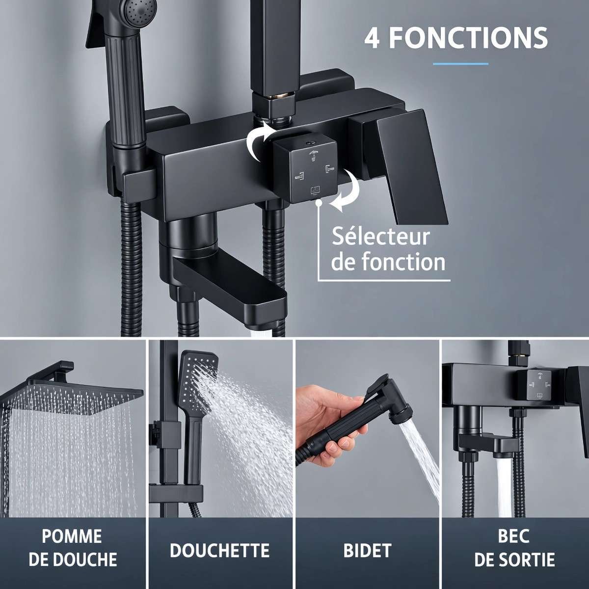 Colonne bain-douche noire Gijon – 4 fonctions, tête large 30×20 cm
