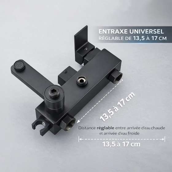 Colonne bain-douche noire Gijon – 4 fonctions, tête large 30×20 cm