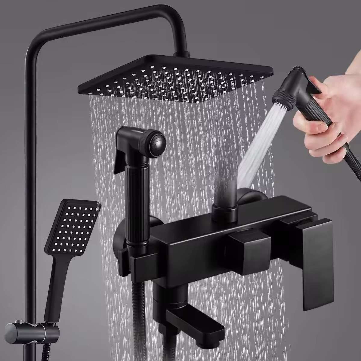Colonne bain-douche noire Gijon – 4 fonctions, tête large 30×20 cm