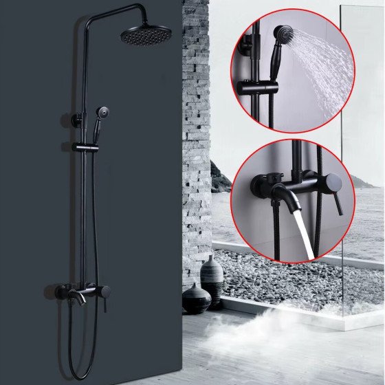 Colonne bain-douche noire – Réglable 70–120 cm, bec de bain, inox