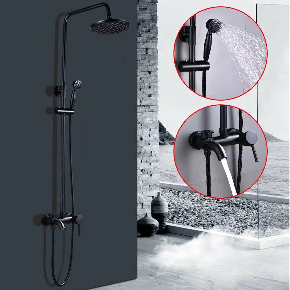 Colonne bain-douche noire – Réglable 70–120 cm, bec de bain, inox