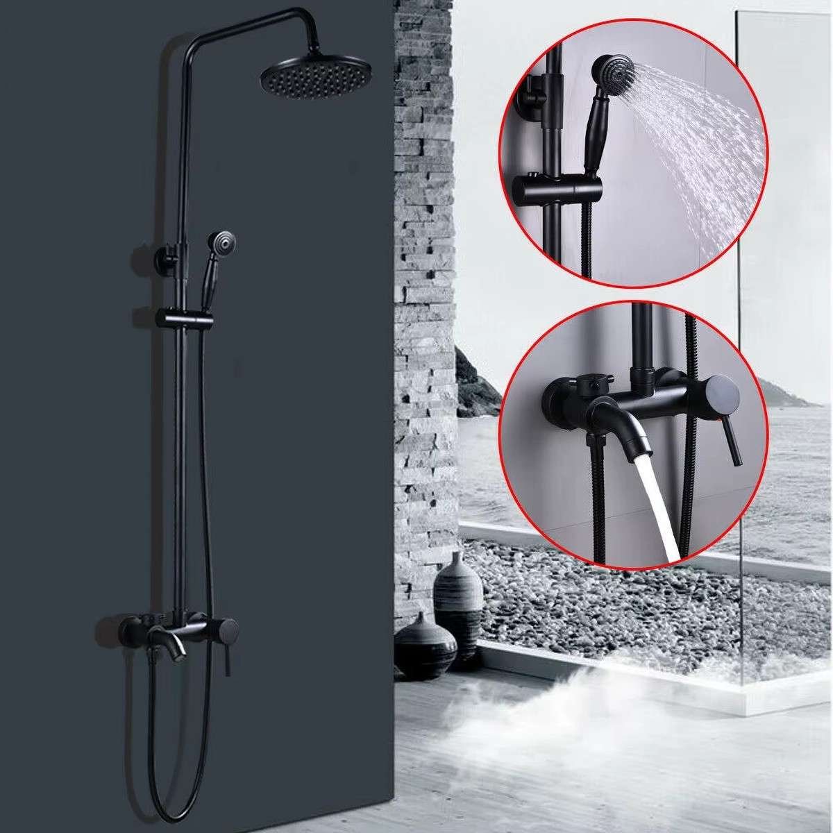 Colonne bain-douche noire – Réglable 70–120 cm, bec de bain, inox