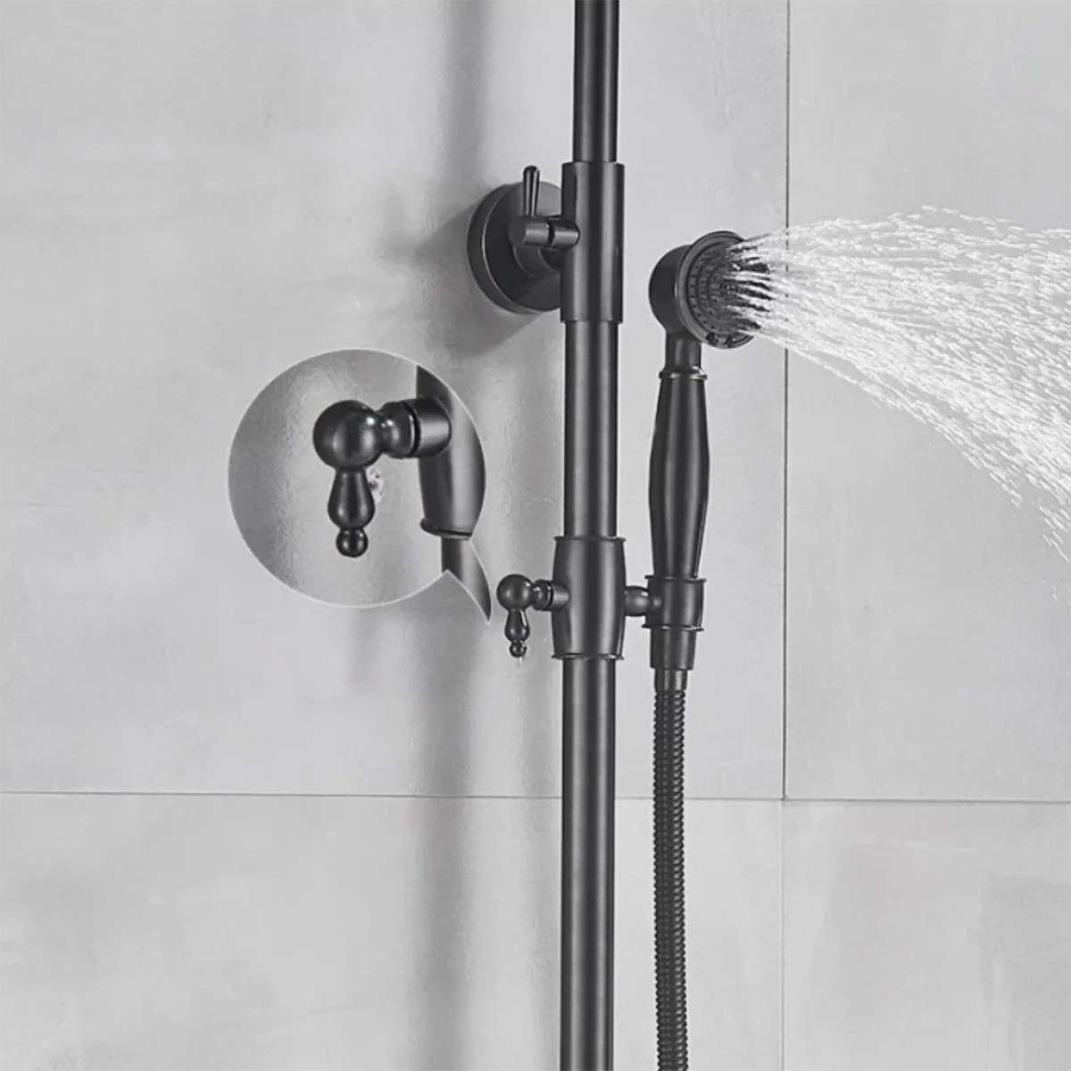Colonne bain-douche noire – Réglable 70–120 cm, bec de bain, inox