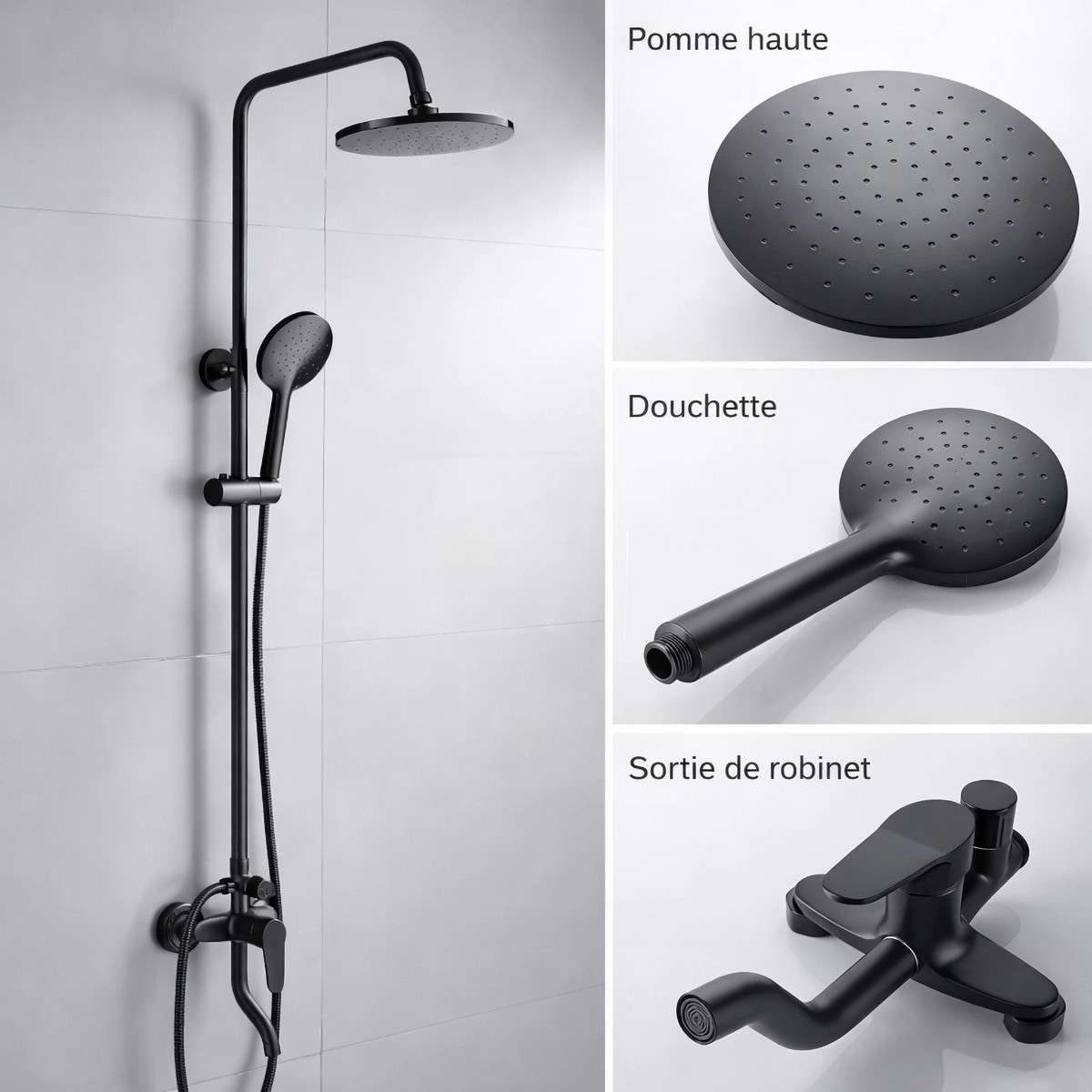 Colonne bain-douche noire – 4 fonctions, réglable 70–120 cm, laiton