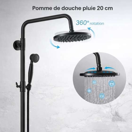 Colonne bain-douche noire Choupo – 3 fonctions, réglable 97–129 cm