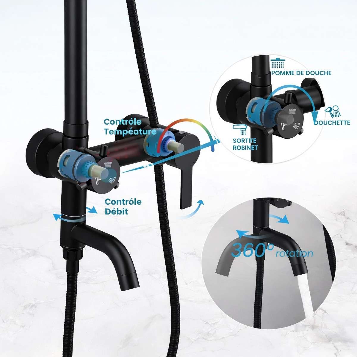 Colonne bain-douche noire Choupo – 3 fonctions, réglable 97–129 cm