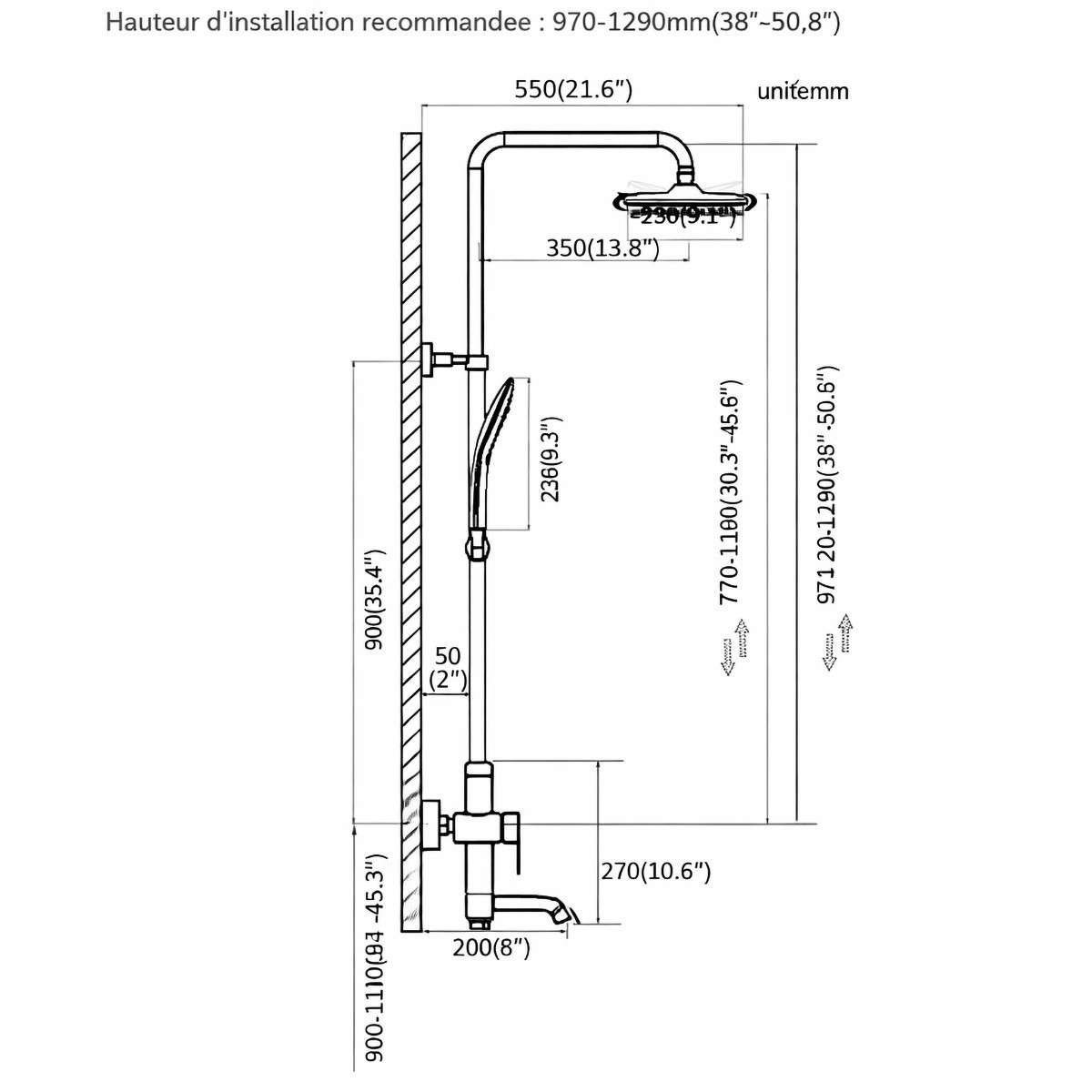 Colonne bain-douche noire Choupo – 3 fonctions, réglable 97–129 cm