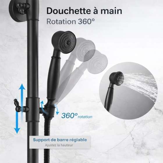 Colonne bain-douche noire Choupo – 3 fonctions, réglable 97–129 cm