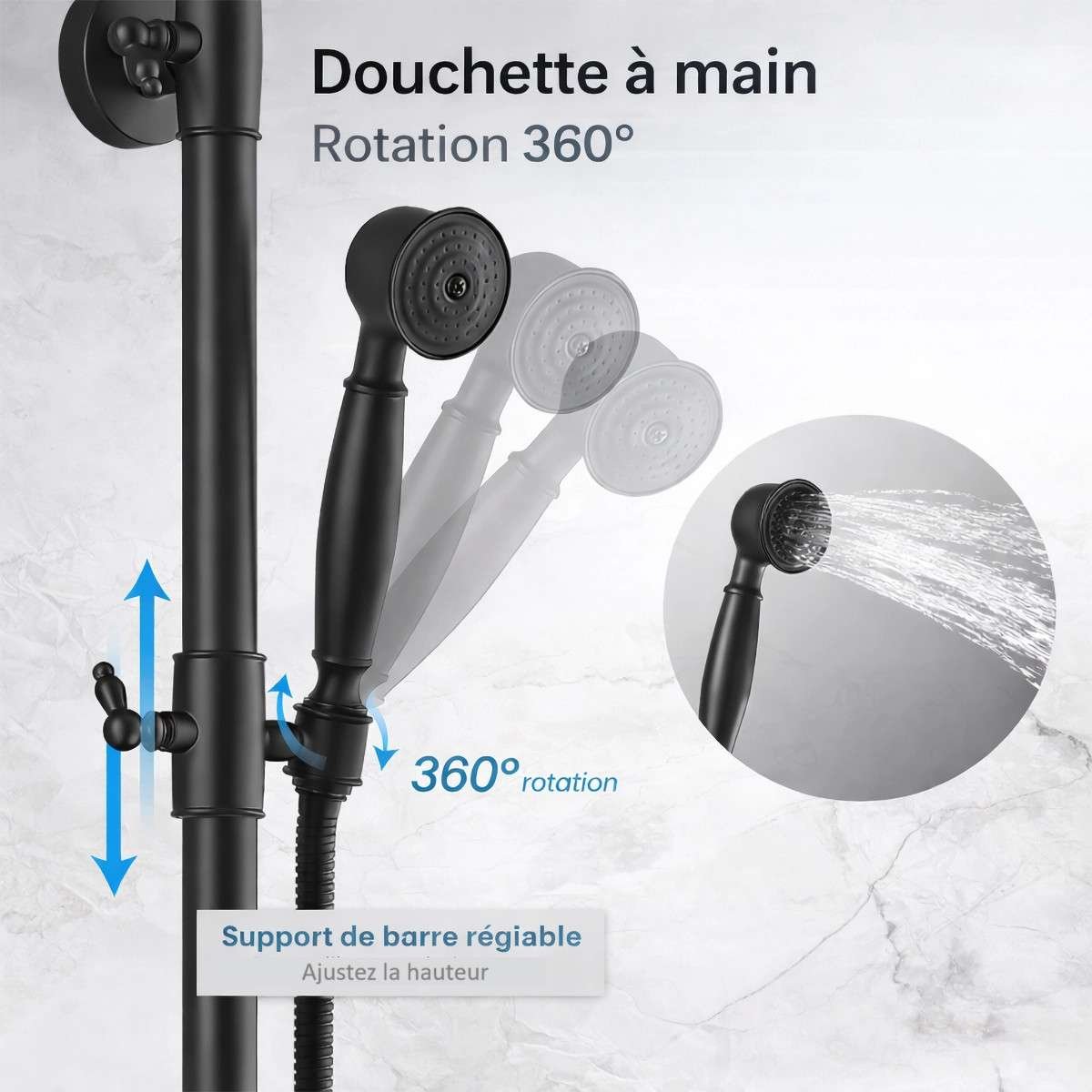 Colonne bain-douche noire Choupo – 3 fonctions, réglable 97–129 cm