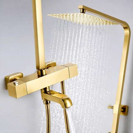 Colonne bain-douche thermostatique dorée Cécile – Réglable 98–146 cm