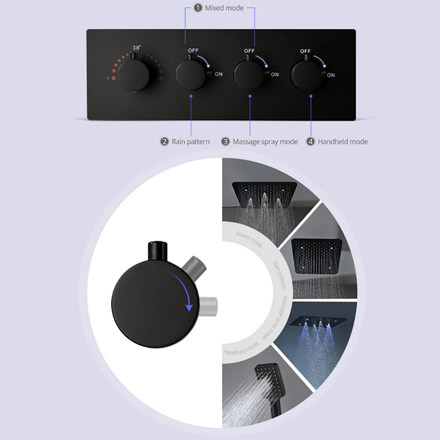 Composition de douche ciel de pluie led thermostatique noire, Victoria - category_name - CDP1200078 - shop_name