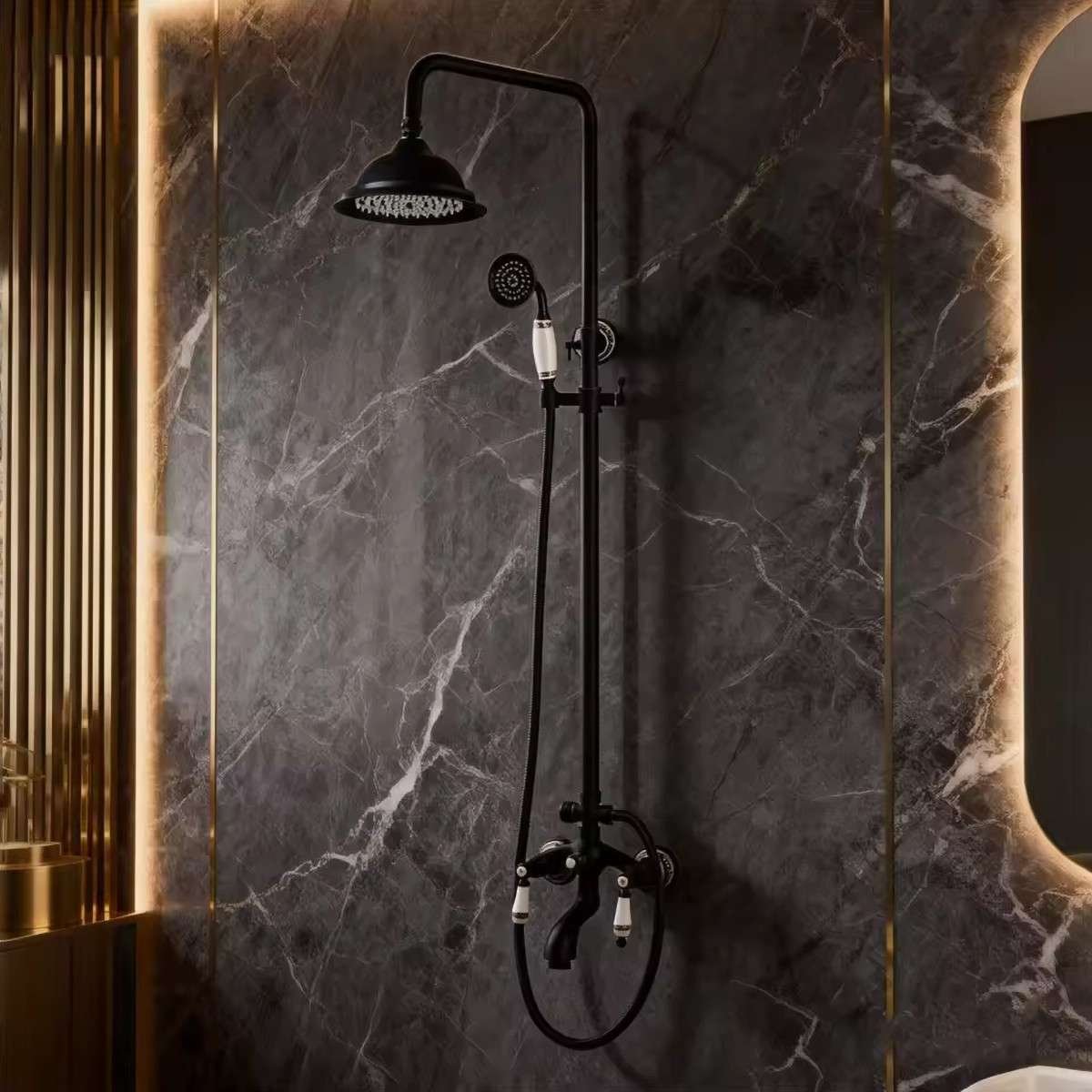 Colonne bain-douche noire – Rétro, poignées céramique, 98–146 cm