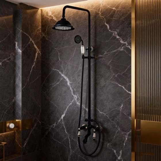 Colonne bain-douche noire – Rétro, poignées céramique, 98–146 cm